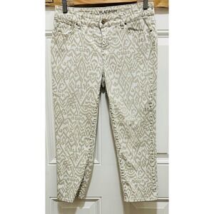 Chicos Platinum Crop Pants 00 Tan‎ White Ikat Pattern Mid Rise Womens 5 Pocket
